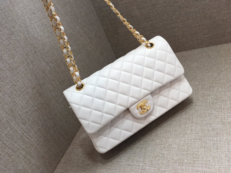 Medium Classic Flap Lambskin Bag AO1112 White/Gold